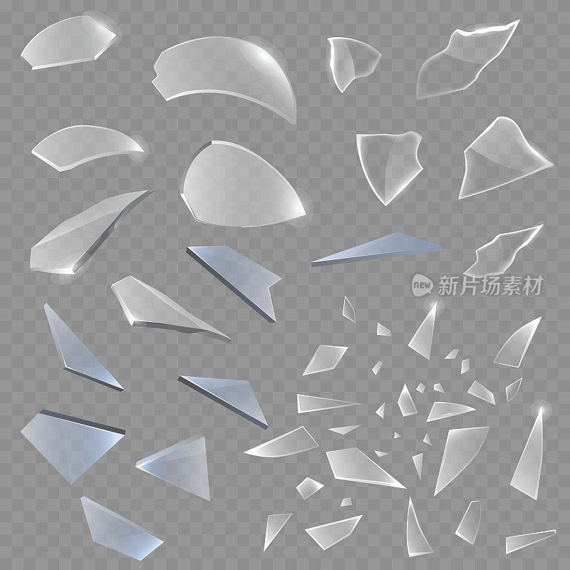 逼真的透明碎片破碎的玻璃碎片尖锐逼真的3d风格矢量插图