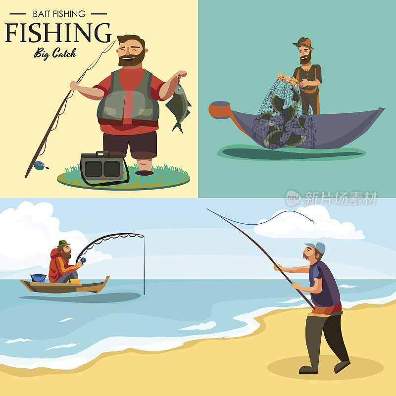 渔夫在橡胶靴子扔鱼竿与线钩针入水飞钓，人物男子捕获鱼站在海岸旋转假期概念矢量插图