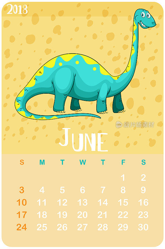 日历模板为6月与恐龙