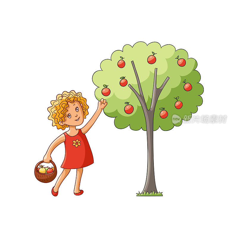 矢量女孩在苹果树上摘苹果