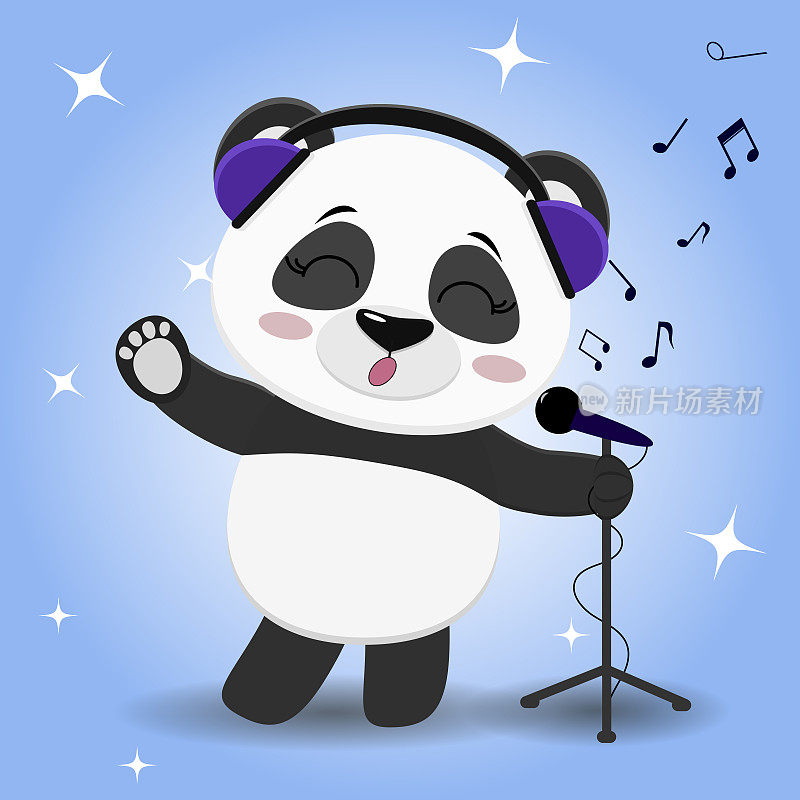 戴着蓝色耳机的熊猫歌手，在蓝色背景下举起一只爪子对着麦克风唱歌，这是一种卡通风格