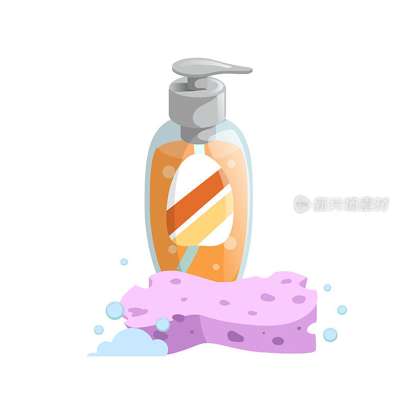 时髦的卡通透明瓶与分配器和橙色液体肥皂或洗发水，粉红色海绵泡沫。卫生和卫生保健矢量插图图标。