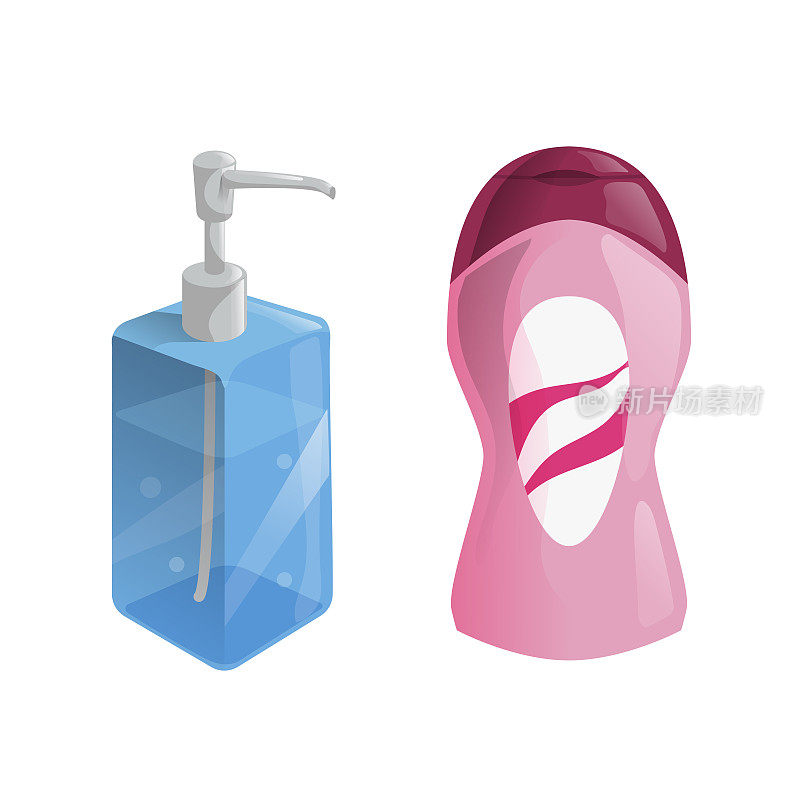 时尚卡通风格的液体肥皂透明蓝色瓶子和塑料粉红色与分配器图标设置。日常卫生和保健媒介说明。