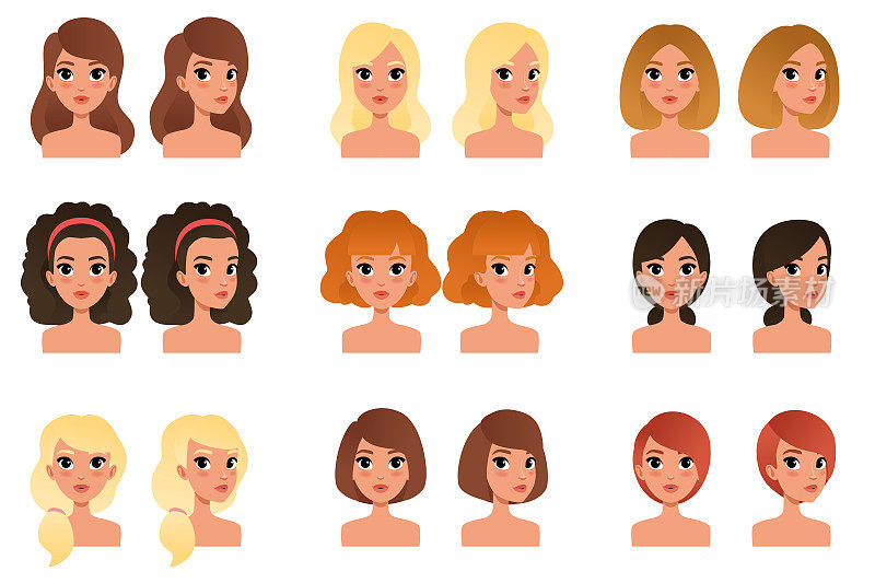 收集美丽的年轻女孩不同的发型和颜色的阴影长，短，中，卷，金色，红色，黑色，深褐色。面向手机游戏的平面矢量角色