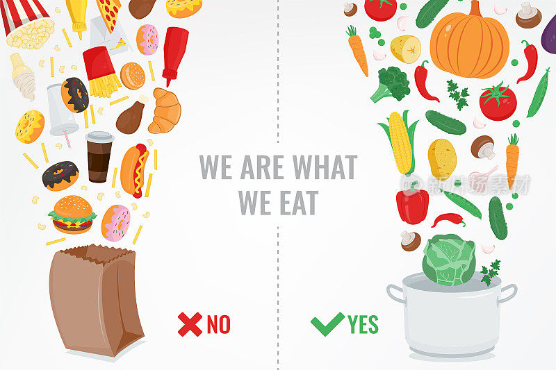 健康的生活方式的概念。选择你吃什么。向量