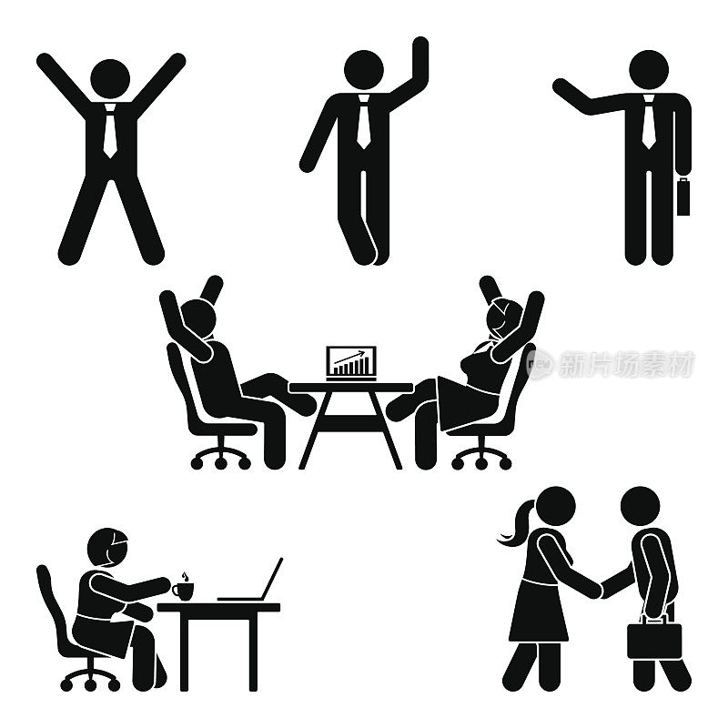 简笔画办公姿势设置。企业财务工作场所支持。工作、坐着、说话、开会、培训、讨论矢量象形文字