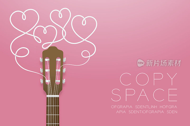 经典吉他棕色和心形符号制成的吉他弦插图概念概念孤立在粉色梯度背景，与复制空间向量eps10