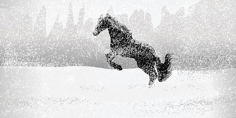 暴风雪中跳跃的马