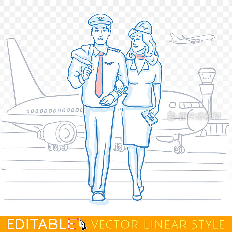 飞行员和空姐。机场民航机组人员。可编辑的草图在蓝色墨水风格。手绘涂鸦矢量插图。