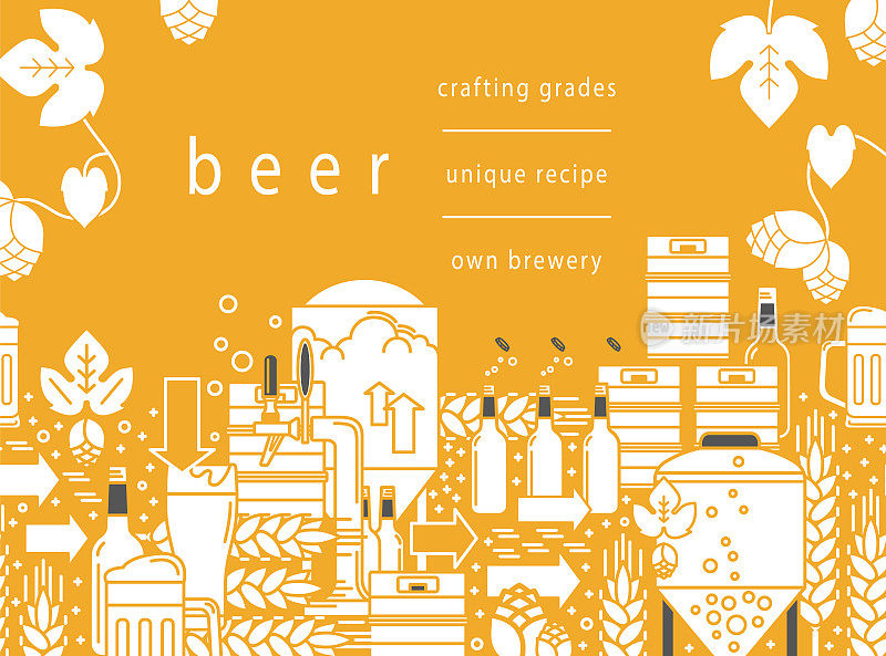 啤酒龙头，杯子，啤酒，酒桶，瓶子，酿酒设备，啤酒花，小麦。黄色背景上的线性图案。矢量插图。用面具裁剪。
