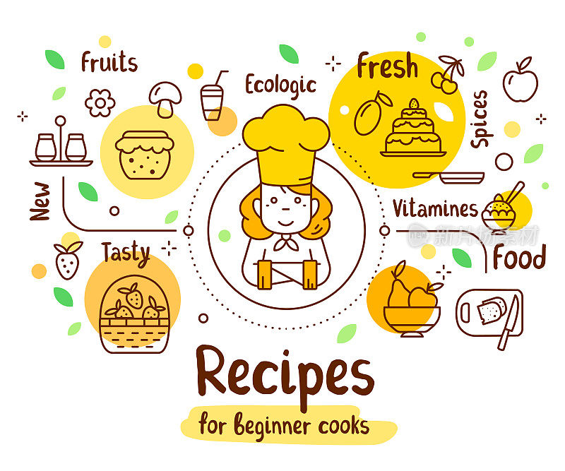 矢量插图的一个女首席厨师在厨师帽与食物图标。细线艺术设计与厨师为网站，网站，横幅，菜单，食谱书。