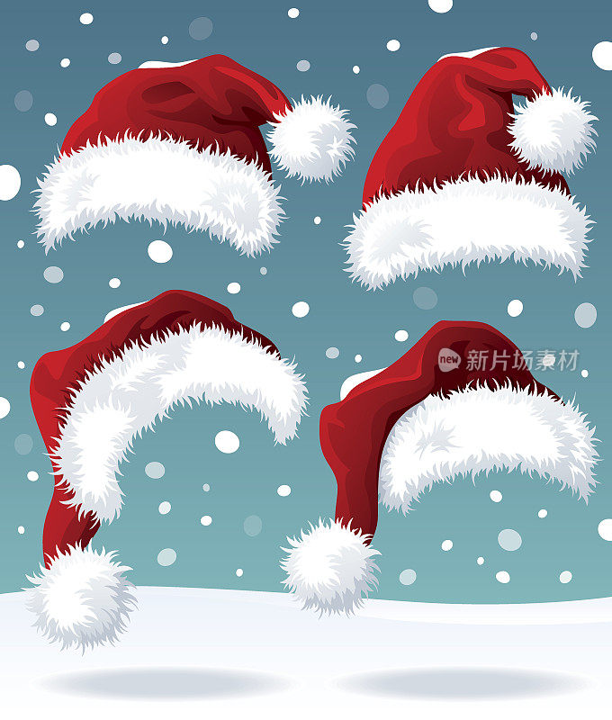 四顶红色阿凡达圣诞老人帽毛绒缝和泡泡