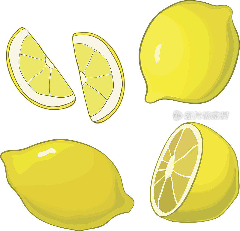 柠檬,四个观点。新鲜、天然:整片、半片、切成薄片、楔形。