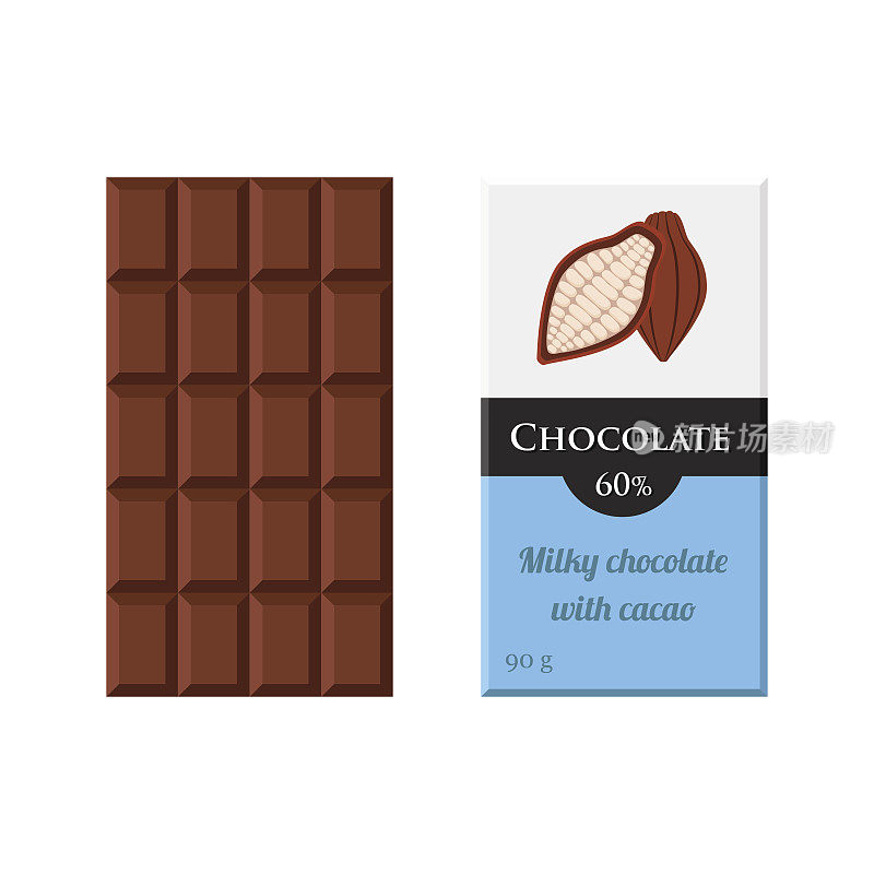 巧克力棒。可可标签方案。甜奶产品。平的风格