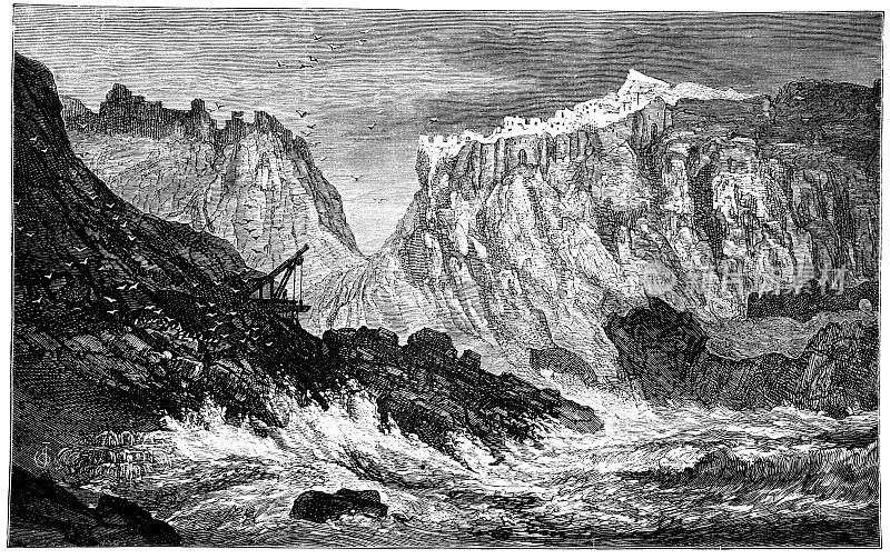 19世纪雕刻的廷塔杰尔城堡,康沃尔,英国