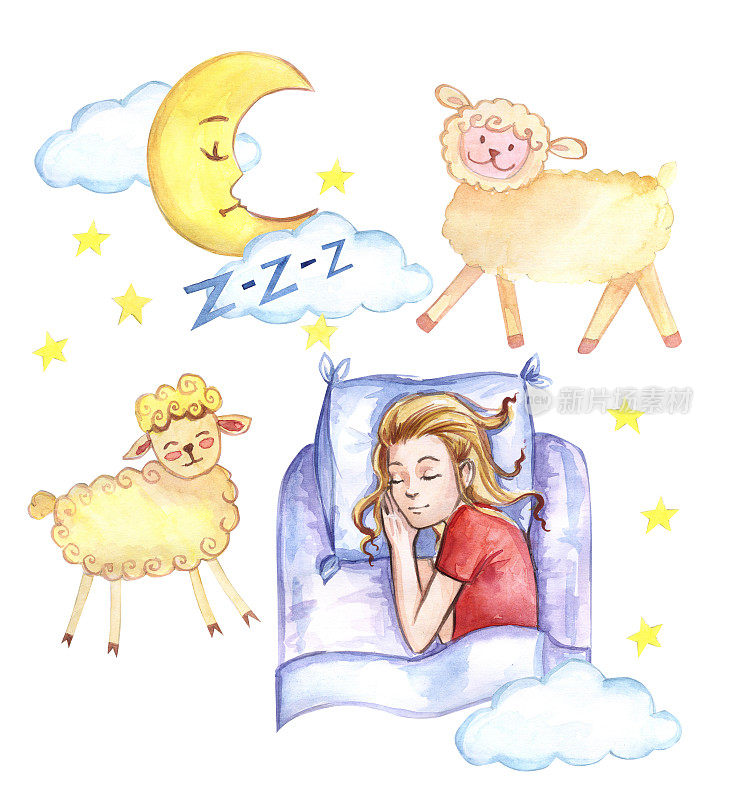 国际睡眠日。睡觉的人的水彩画插图。人睡觉。的梦想。睡觉前数羊。月球。晚上的时间。床上。孩子睡在茧里。