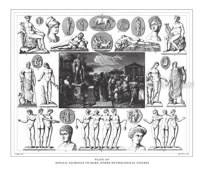 阿波罗，火星祭品;其他神话人物雕刻古董插图，1851年出版
