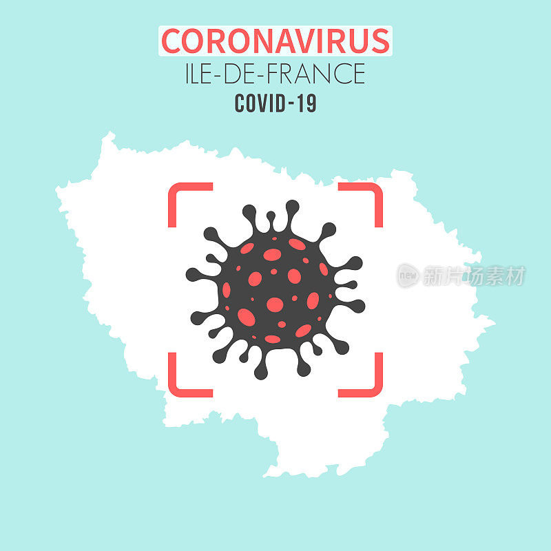 法国岛地图，红色取景器中有冠状病毒(COVID-19)细胞