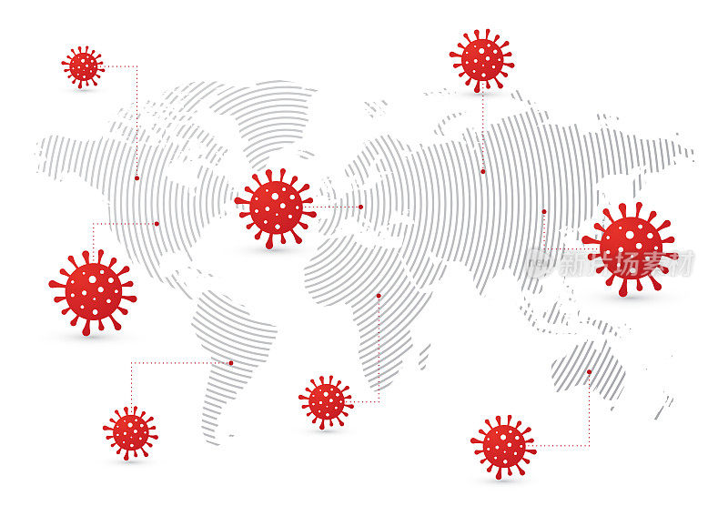 用红色符号标出COVID-19病毒的世界疫情传播地图