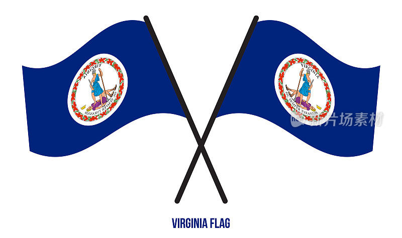在孤立的白色背景上，两面交叉飘扬的弗吉尼亚旗。