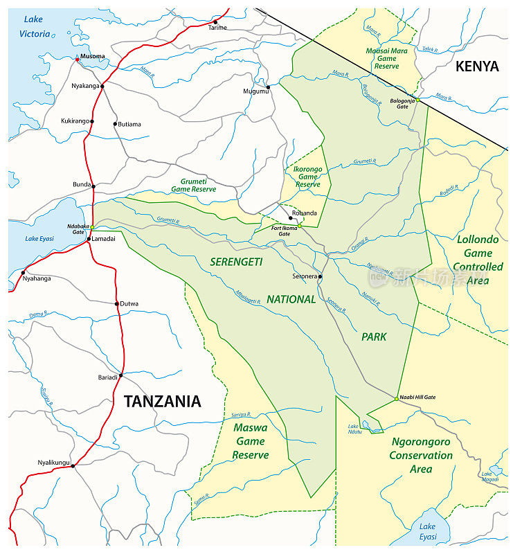 坦桑尼亚塞伦盖蒂国家公园矢量路线图