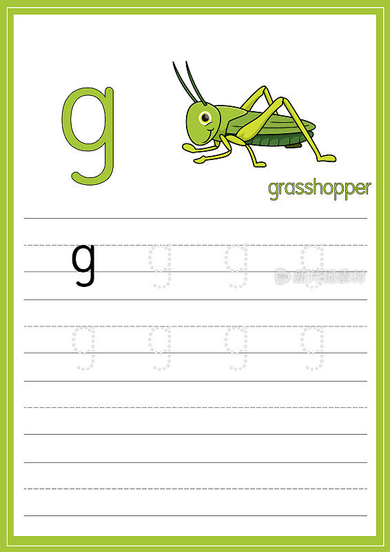 矢量插图蚱蜢孤立在一个白色的背景。用小写字母g作为教学媒体，供儿童识别英文字母或供儿童学习书写字母用于在家里和学校学习。