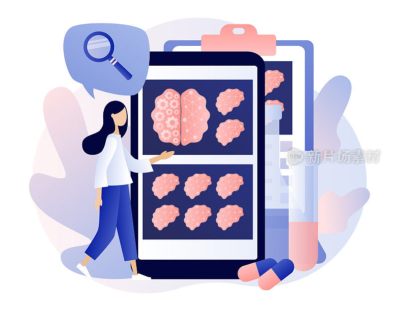 神经学和大脑研究概念。小女人在智能手机屏幕上研究头部断层扫描。人类大脑和心理学。现代平面卡通风格。矢量插图上的白色背景