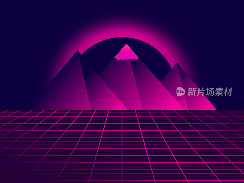 80年代复古科幻金字塔。未来的背景与网格和金字塔。虚拟现实中的风景，霓虹日落。合成波和逆波风格。矢量图