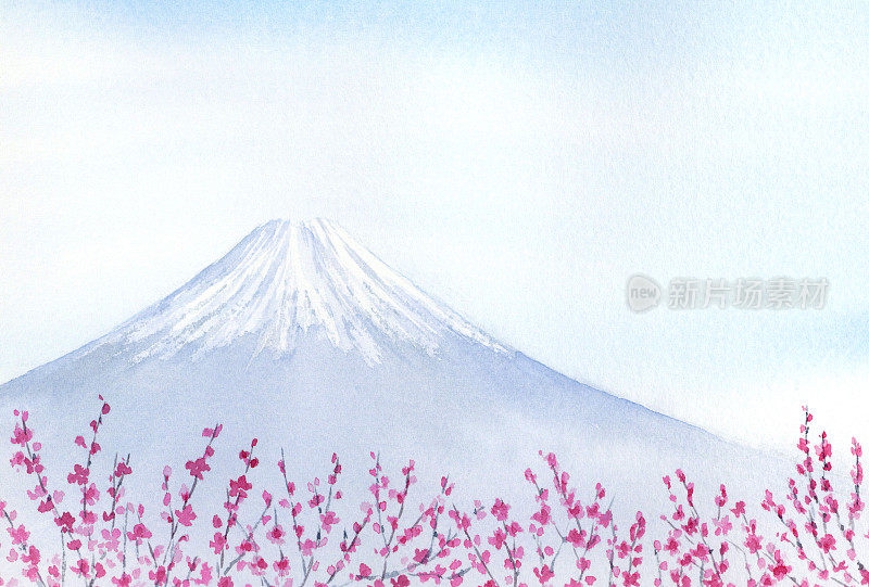 富士山和樱花的水彩画。