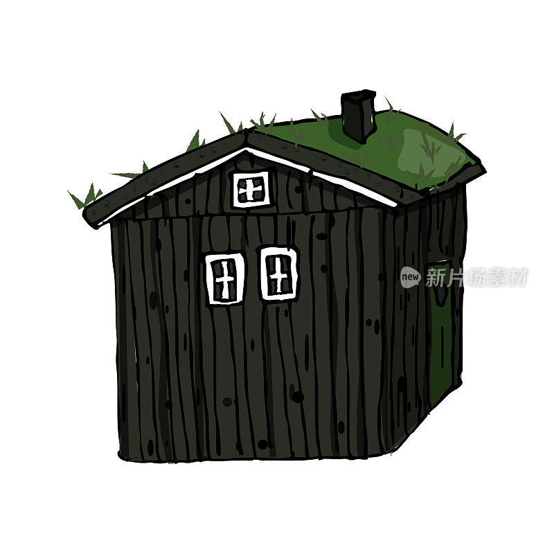 加拿大，斯堪的纳维亚灰色木制孤立的房子，屋顶上的草在白色的背景