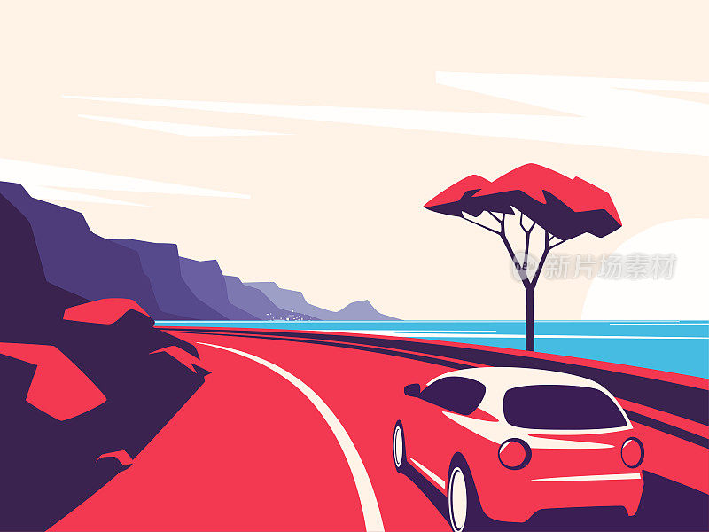 矢量插图的红色汽车沿着海洋山路移动