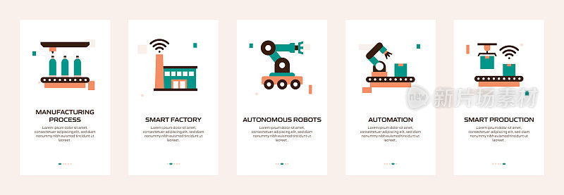 工业4.0概念内置移动应用页面屏幕与平面图标。用户体验，用户界面设计模板矢量插图