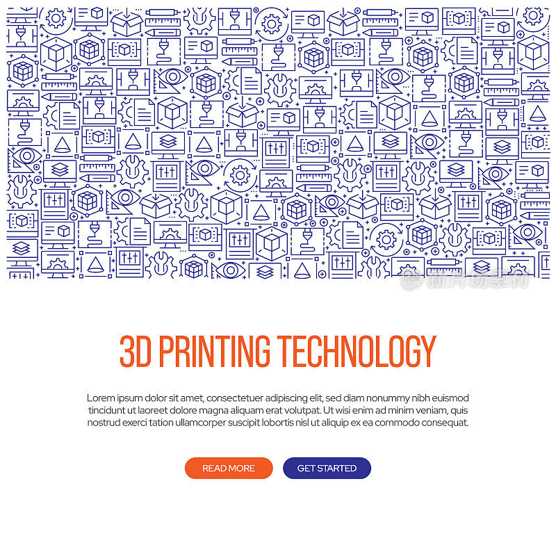 3D打印技术相关的旗帜设计与图案。现代线条风格图标矢量插图