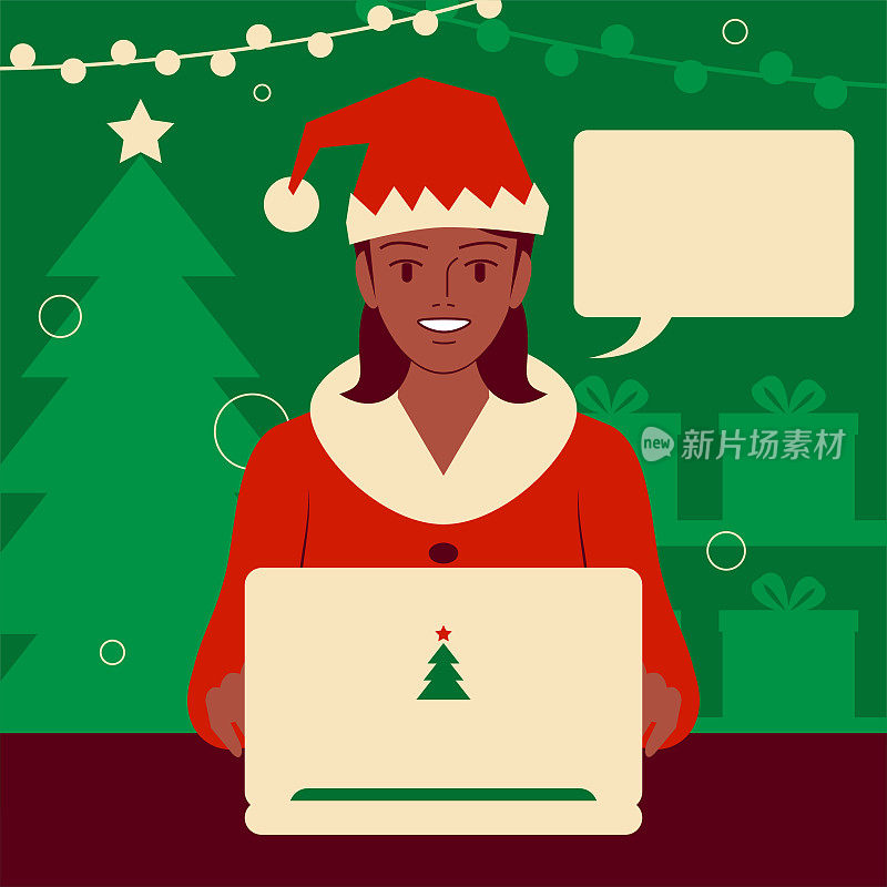 微笑美丽的少女穿着圣诞老人的衣服使用笔记本电脑