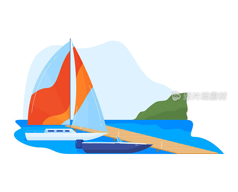 码头上的游艇，地中海水上交通工具，设计卡通风格的矢量插图，孤立在白色上。