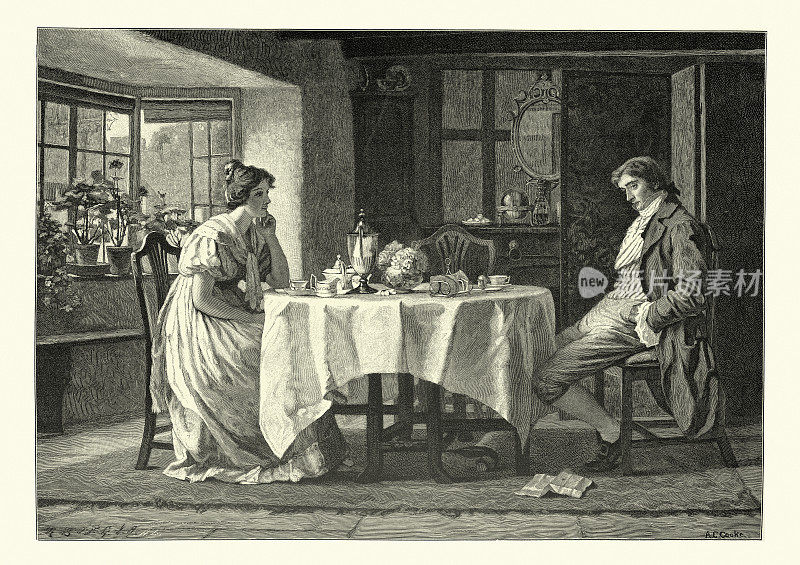 一个不开心的男人和他的妻子在早餐桌上，维多利亚19世纪