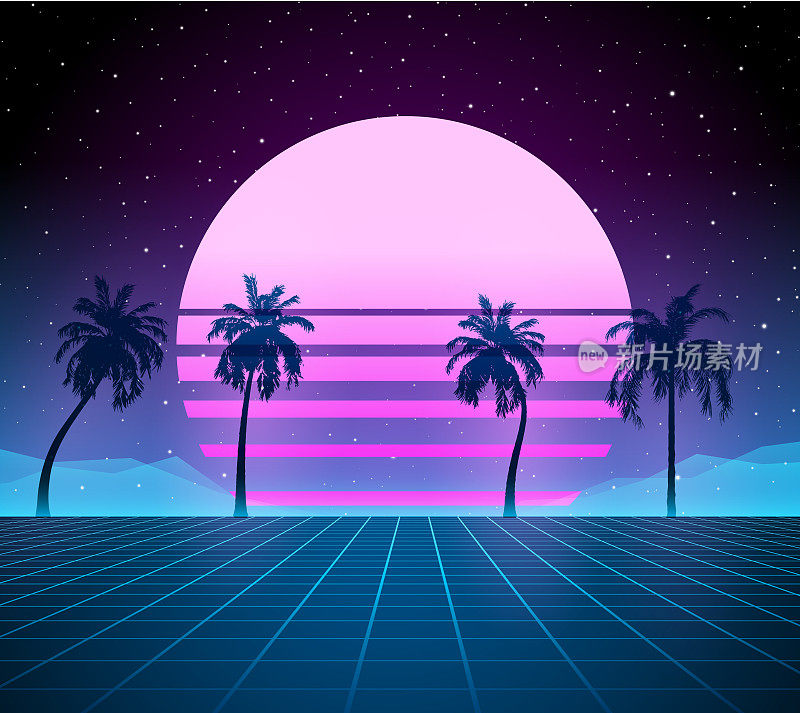 合成波复古背景-棕榈树