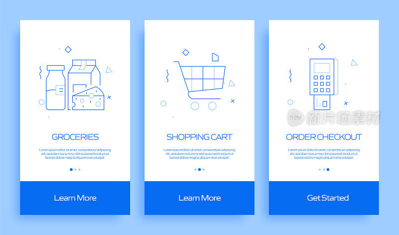 购物和零售概念入门移动应用程序页面屏幕与平面图标。UI设计模板矢量插图