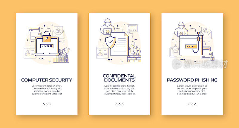 数据安全和网络安全概念的移动应用程序页面屏幕与平面图标。用户体验，用户界面设计模板矢量插图