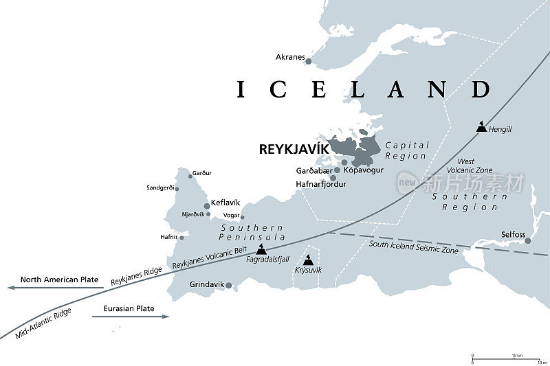 冰岛首都地区和南部半岛的地质，灰色地图