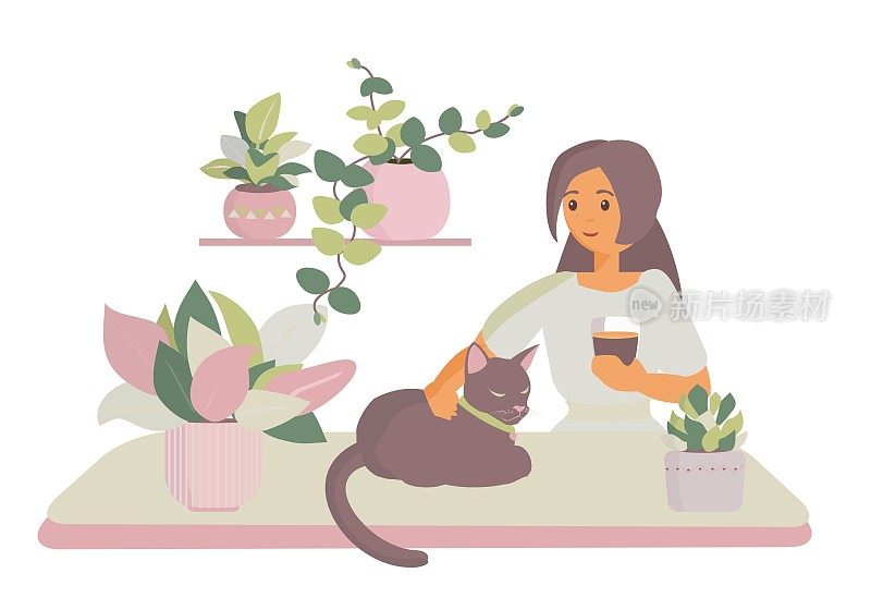 年轻的女孩喝咖啡的房间与室内植物和她的猫卡通插图