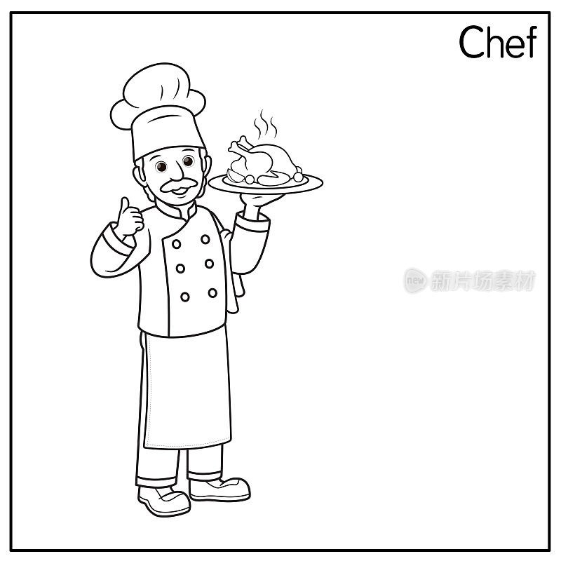 矢量插图的厨师，厨师孤立在白色的背景。工作和职业概念。卡通人物。教育和学校儿童涂色页，可打印，活动，工作表，抽认卡。