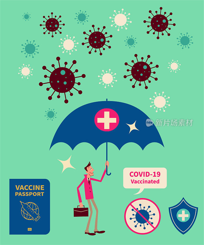 一名持有Covid-19疫苗护照的商人(游客)拿着一把雨伞保护自己免受冠状病毒感染