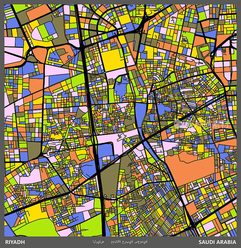 彩色插图风格的城市地图，利雅得市，沙特阿拉伯。地图数据由自然地球制作。