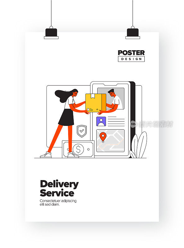海报，封面和横幅，广告和营销材料的交付服务概念