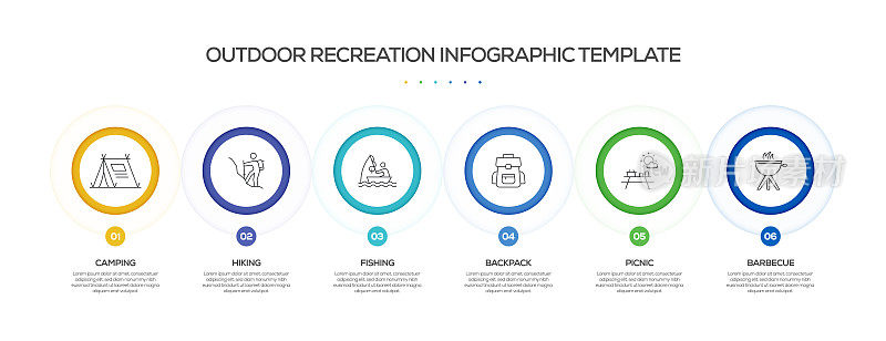 露营和户外娱乐相关的过程信息图表模板。过程时间图。带有线性图标的工作流布局