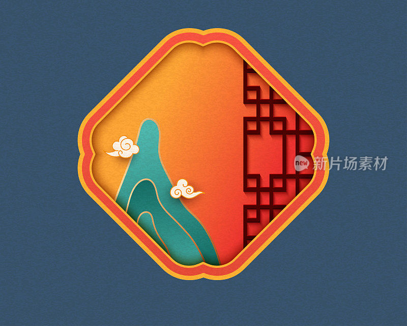 中国传统窗户里面有山脉，中国传统新年矢量插图，吉祥云图案