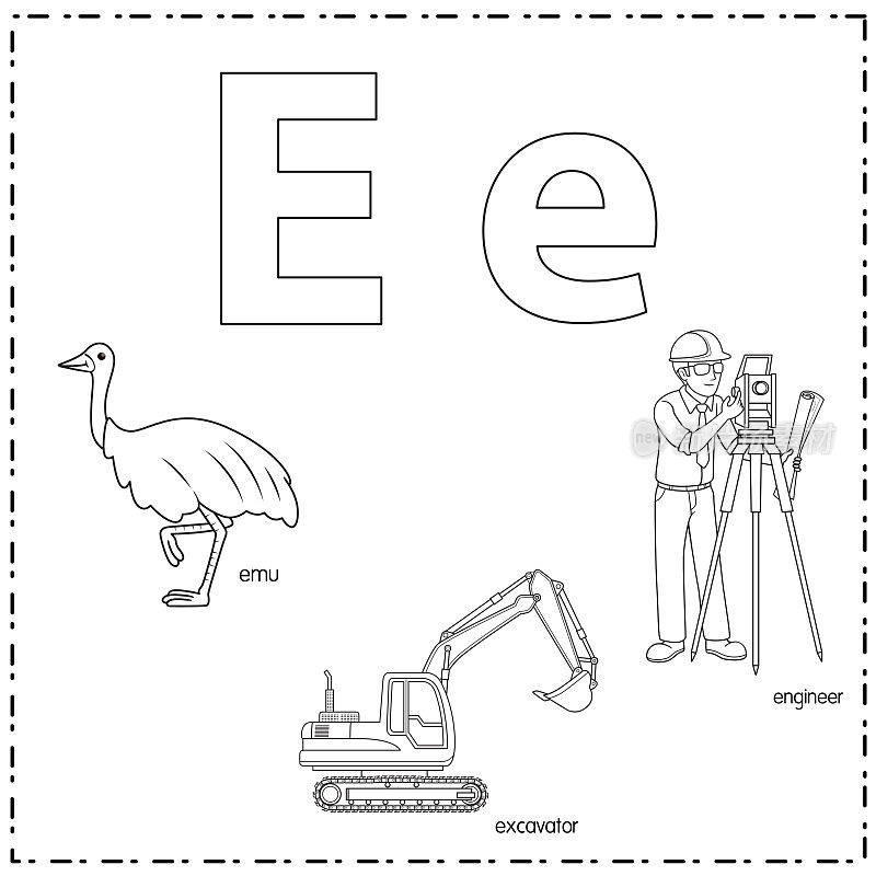 向量插图学习字母E的小写和大写的儿童与3卡通图像。鸸鹋挖掘机工程师。