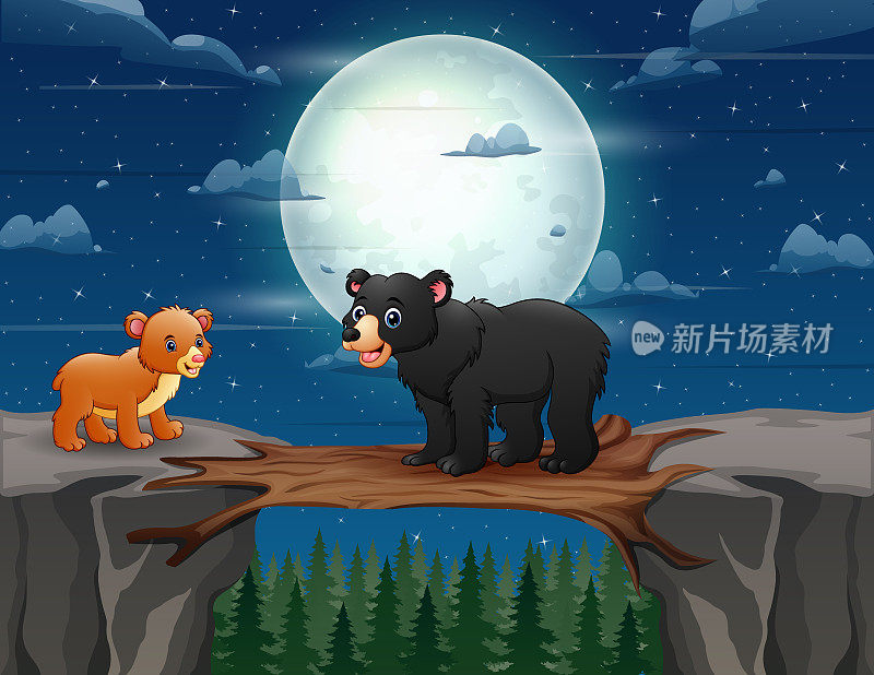 卡通熊和小熊们轮流穿过一座木桥