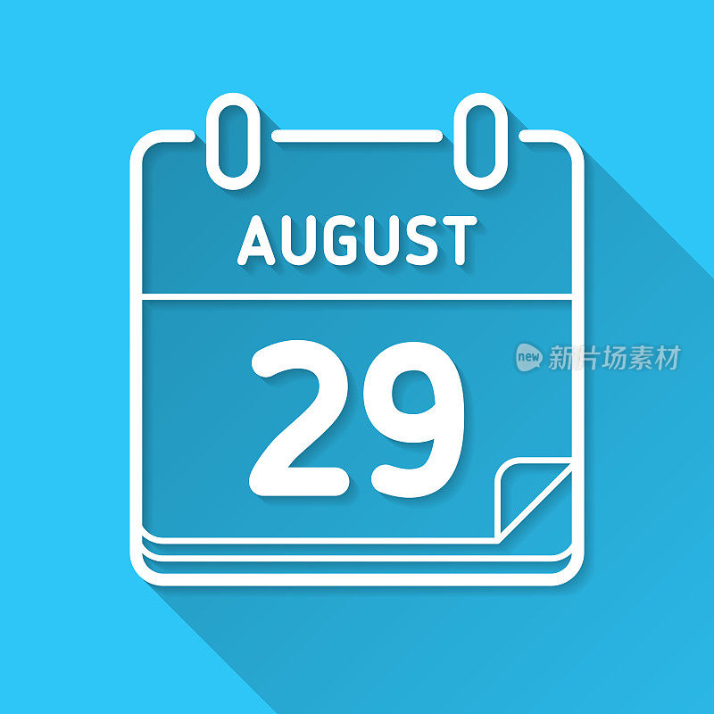 8月29日。图标在蓝色背景-平面设计与长阴影